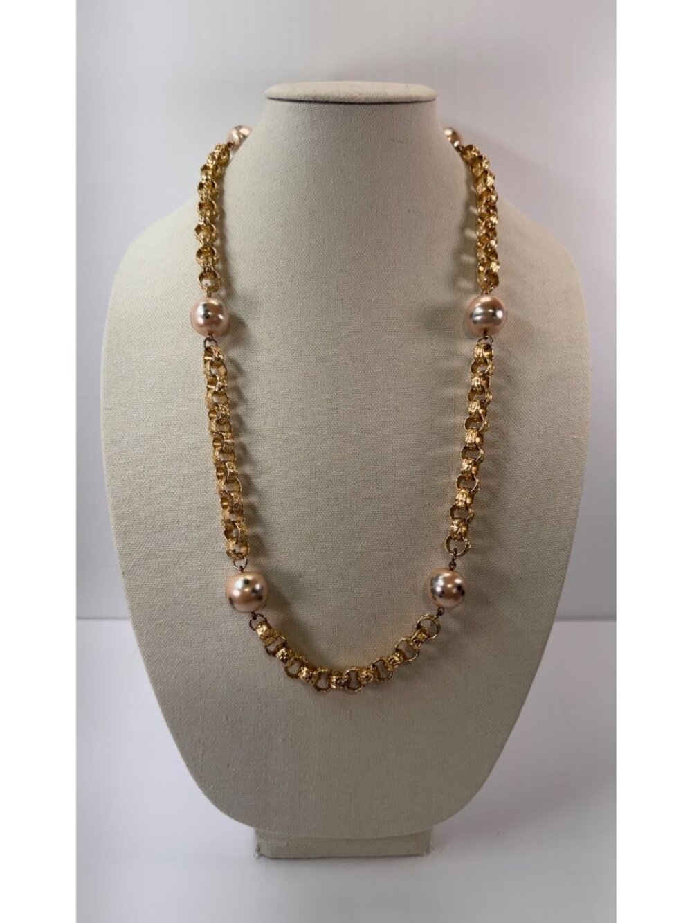 Vintage 32” Gold Tone Link Necklace Faux Pearl Bead Long Statement Chain